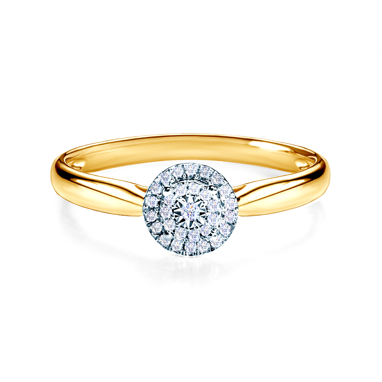 Halo Engagement Ring: two colour gold, diamonds