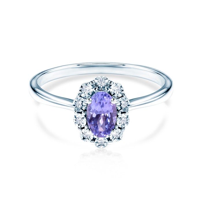 Pierścionek zaręczynowy SAVICKI: białe złoto, diamenty, tanzanit