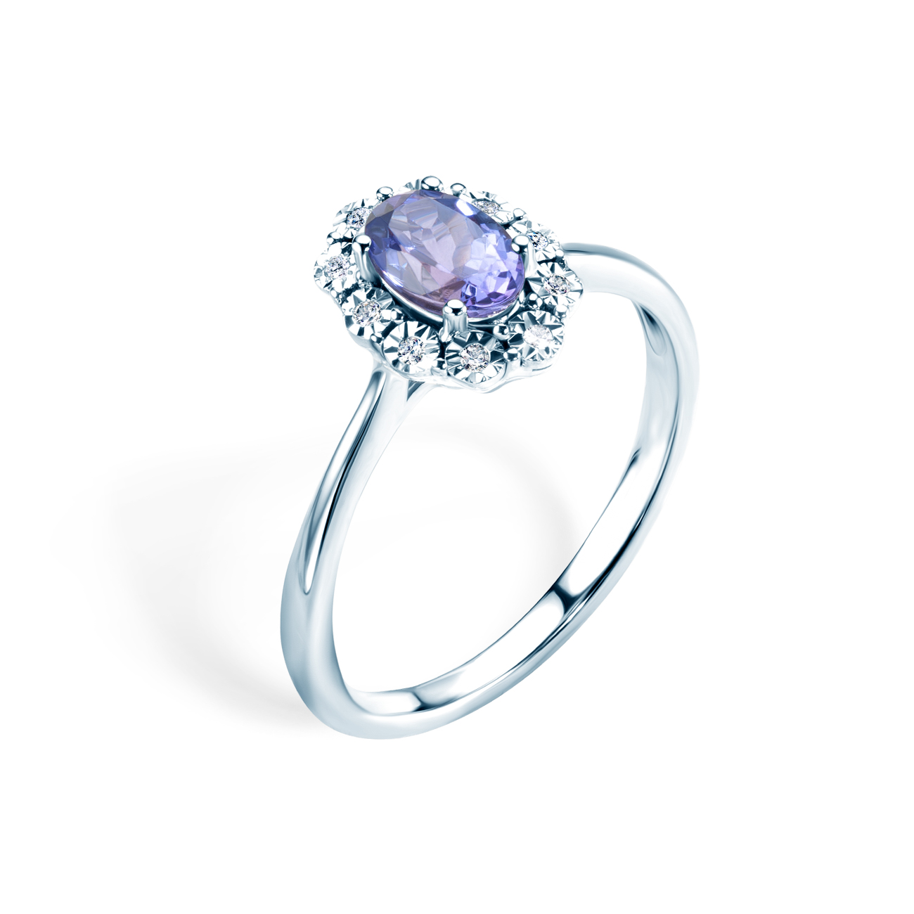 Pierścionek zaręczynowy SAVICKI: białe złoto, diamenty, tanzanit