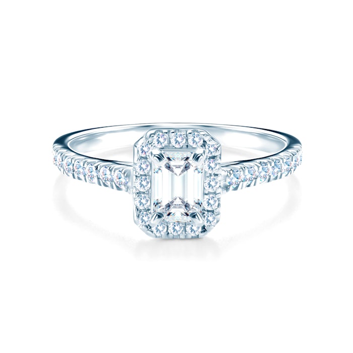 Pierścionek zaręczynowy SAVICKI: białe złoto, biały szafir z diamentami