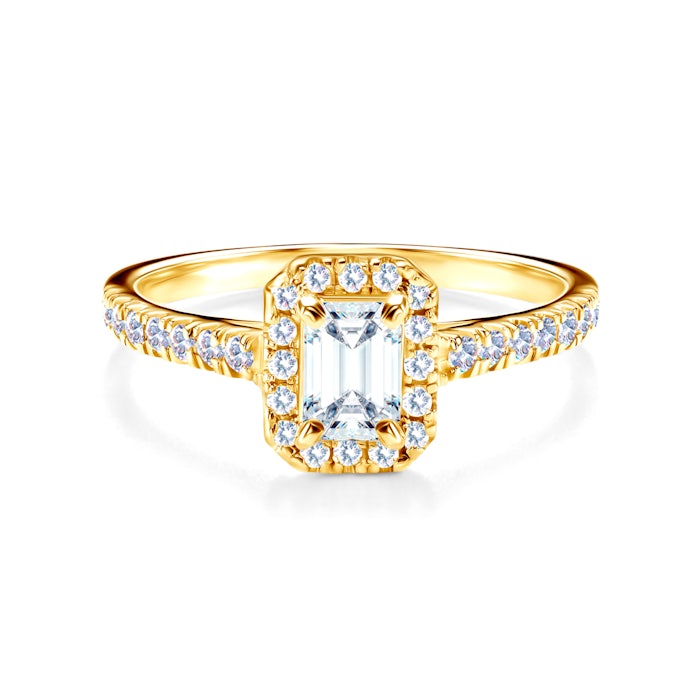 Zásnubní prsten SAVICKI: žluté zlato, bílý safír, diamanty