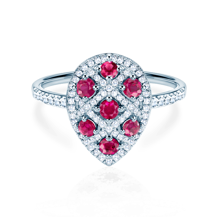 Pierścionek SAVICKI: białe złoto, rubiny, diamenty