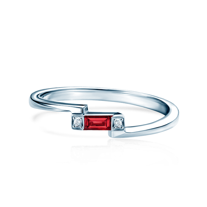 Three-Stone Engagement Ring: white gold, ruby, diamonds