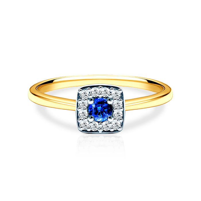 Halo Engagement Ring: two colour gold, blue sapphire, diamonds
