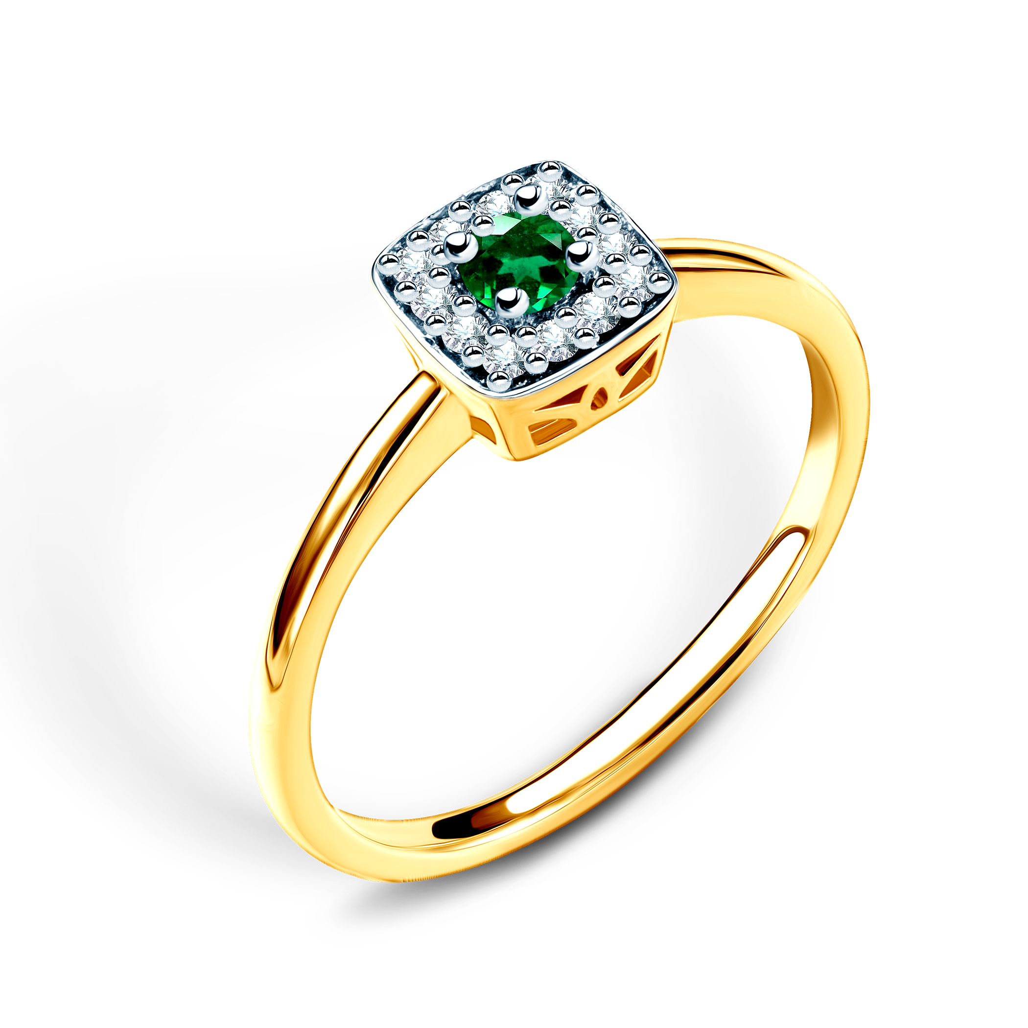 Pierścionek zaręczynowy SAVICKI: dwukolorowe złoto, szmaragd, diamenty