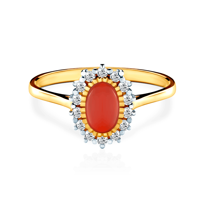 Ring: two colour gold, diamonds, coral, cubic zirconia