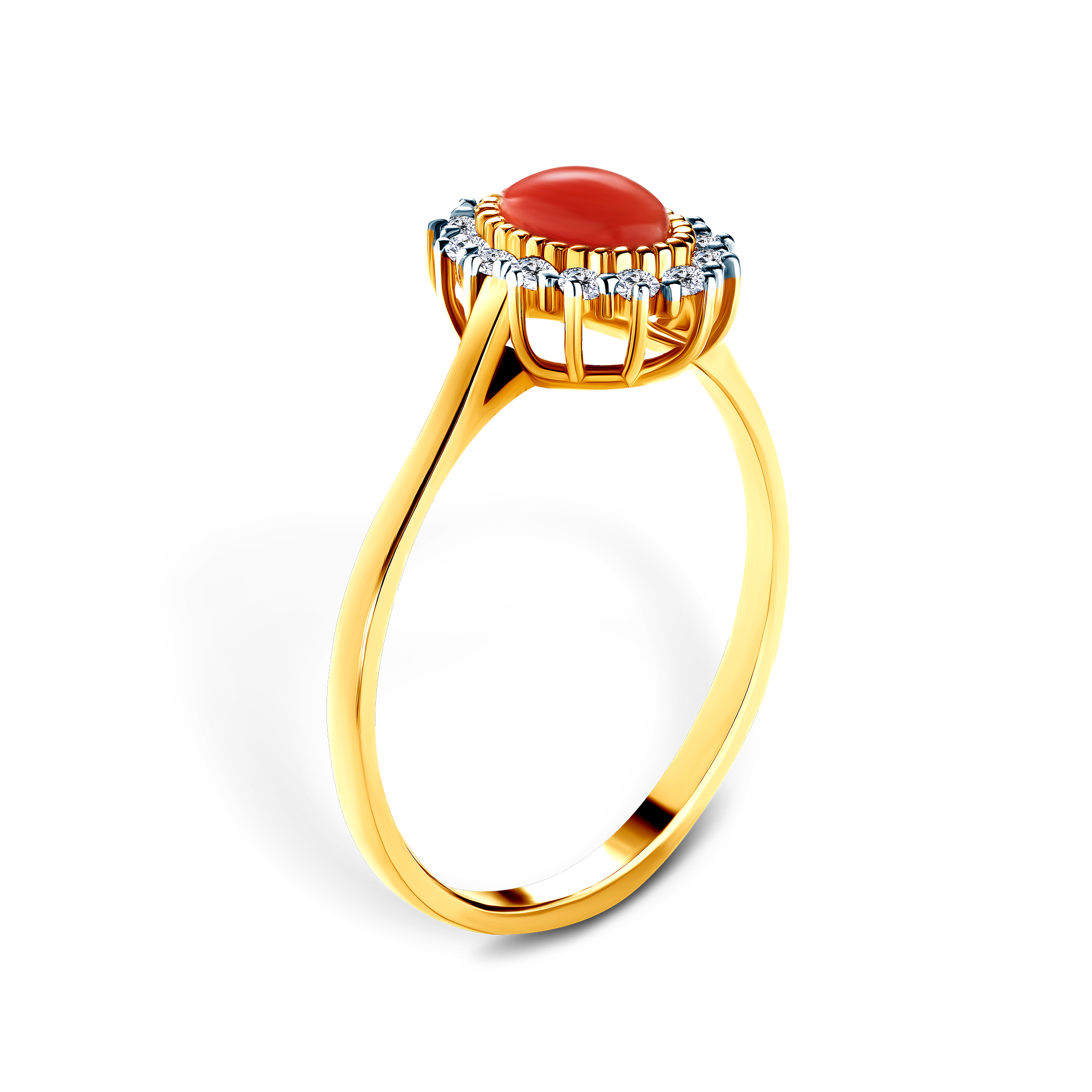 Pierścionek SAVICKI: dwukolorowe złoto, korál, cyrkonie