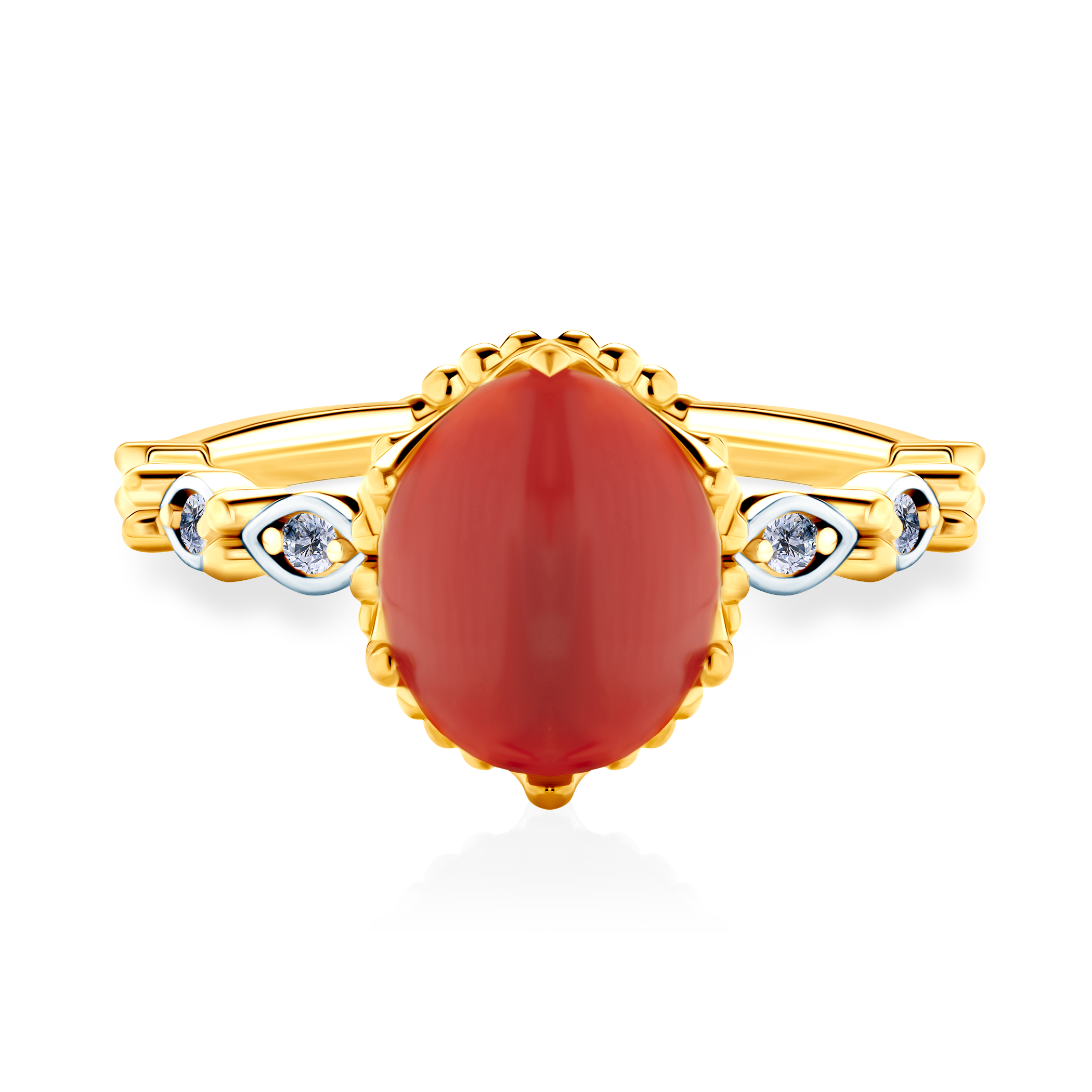Ring: two colour gold, diamonds, coral, cubic zirconia