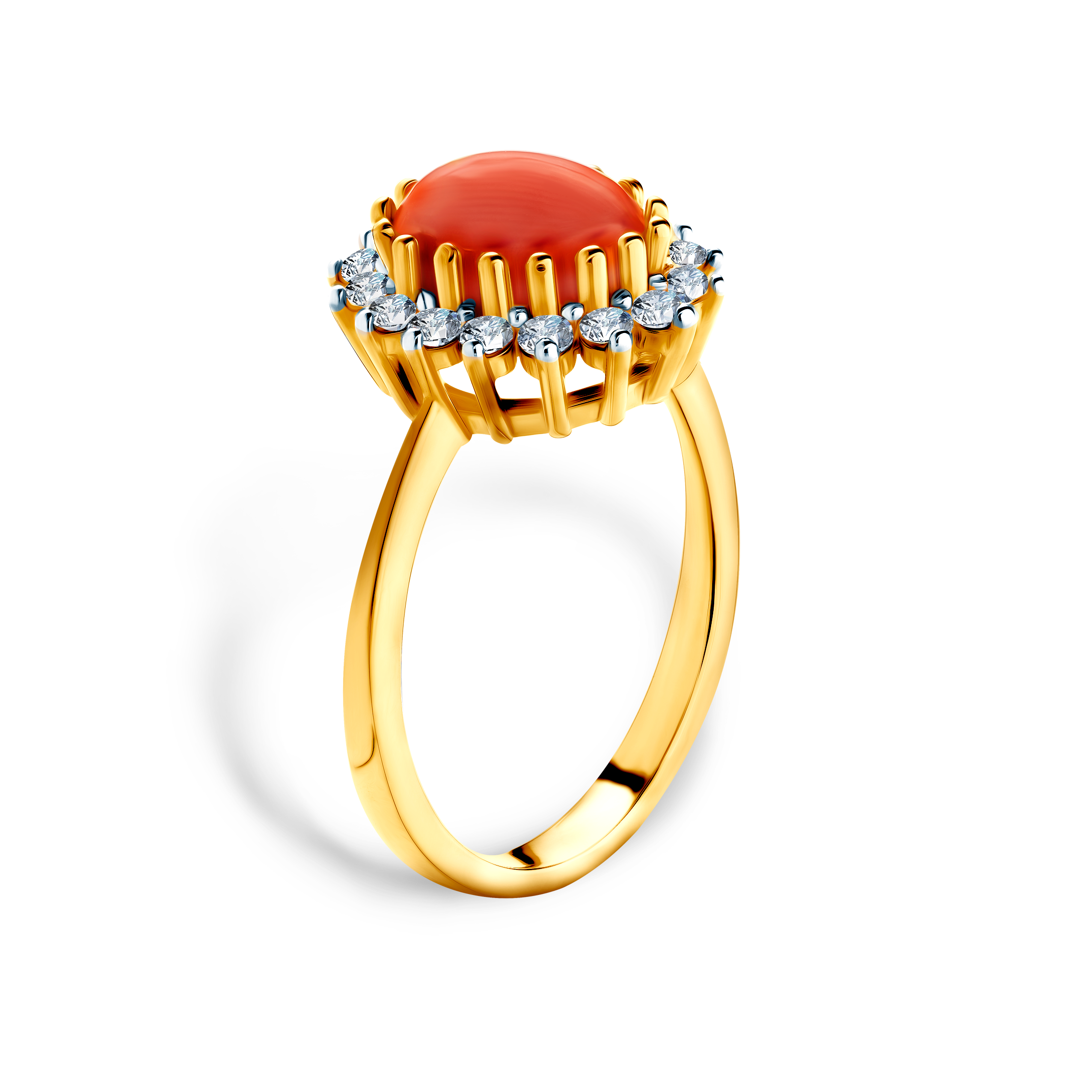 Pierścionek SAVICKI: dwukolorowe złoto, korál, cyrkonie