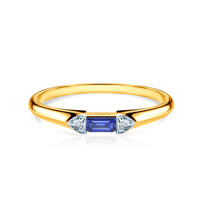 Three-Stone Engagement Ring: gold, blue sapphire, diamonds