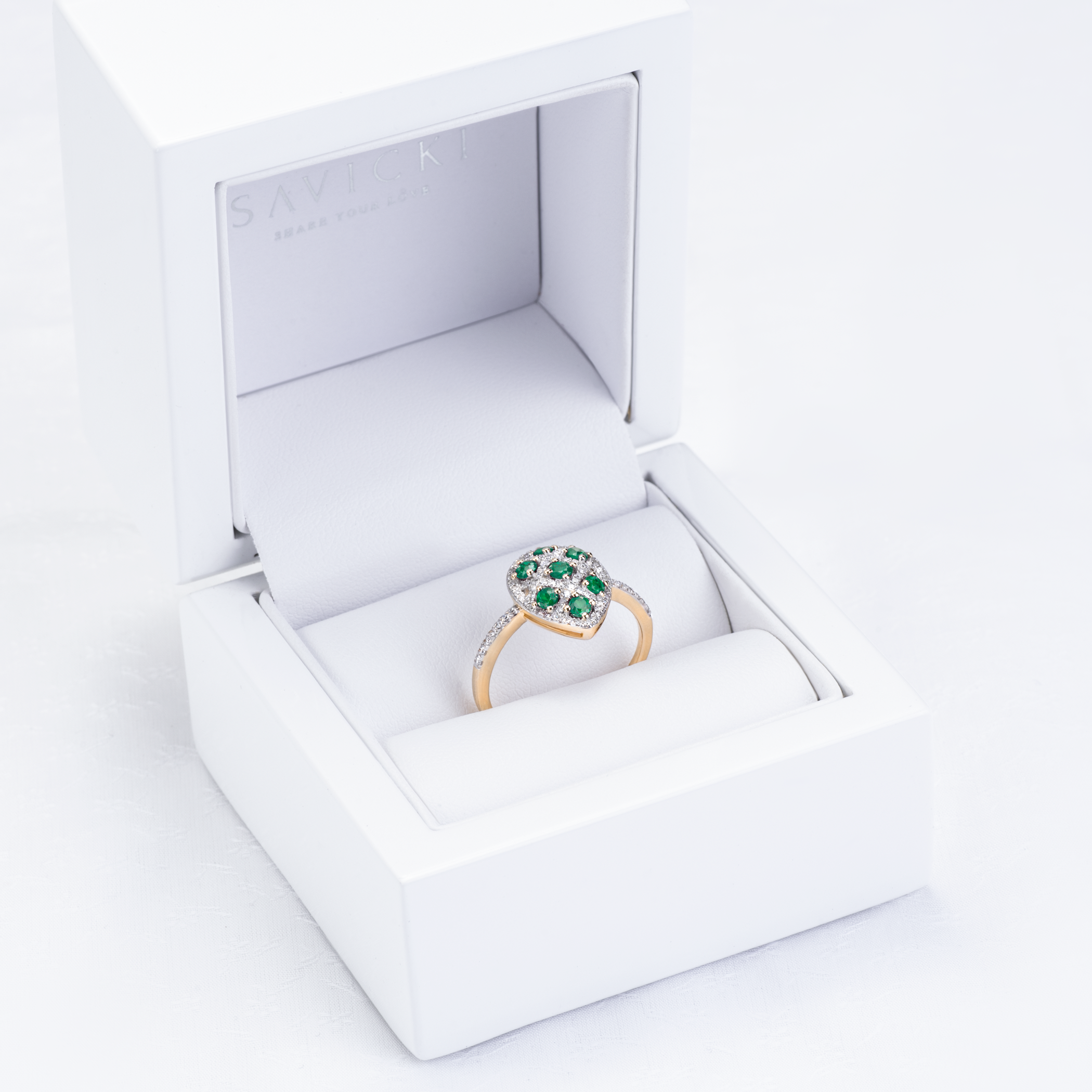 Ring Savicki: Zweifarbiges Gold, Smaragde, Diamanten