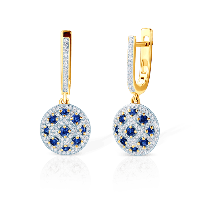 Kolczyki Savicki: dwukolorowe złoto, niebieskie szafiry, diamenty