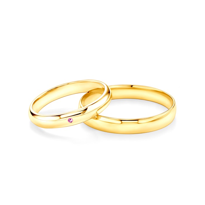 Obrączki Fairytale: złote, różowy szafir, półokrągłe, 3 mm i 4 mm