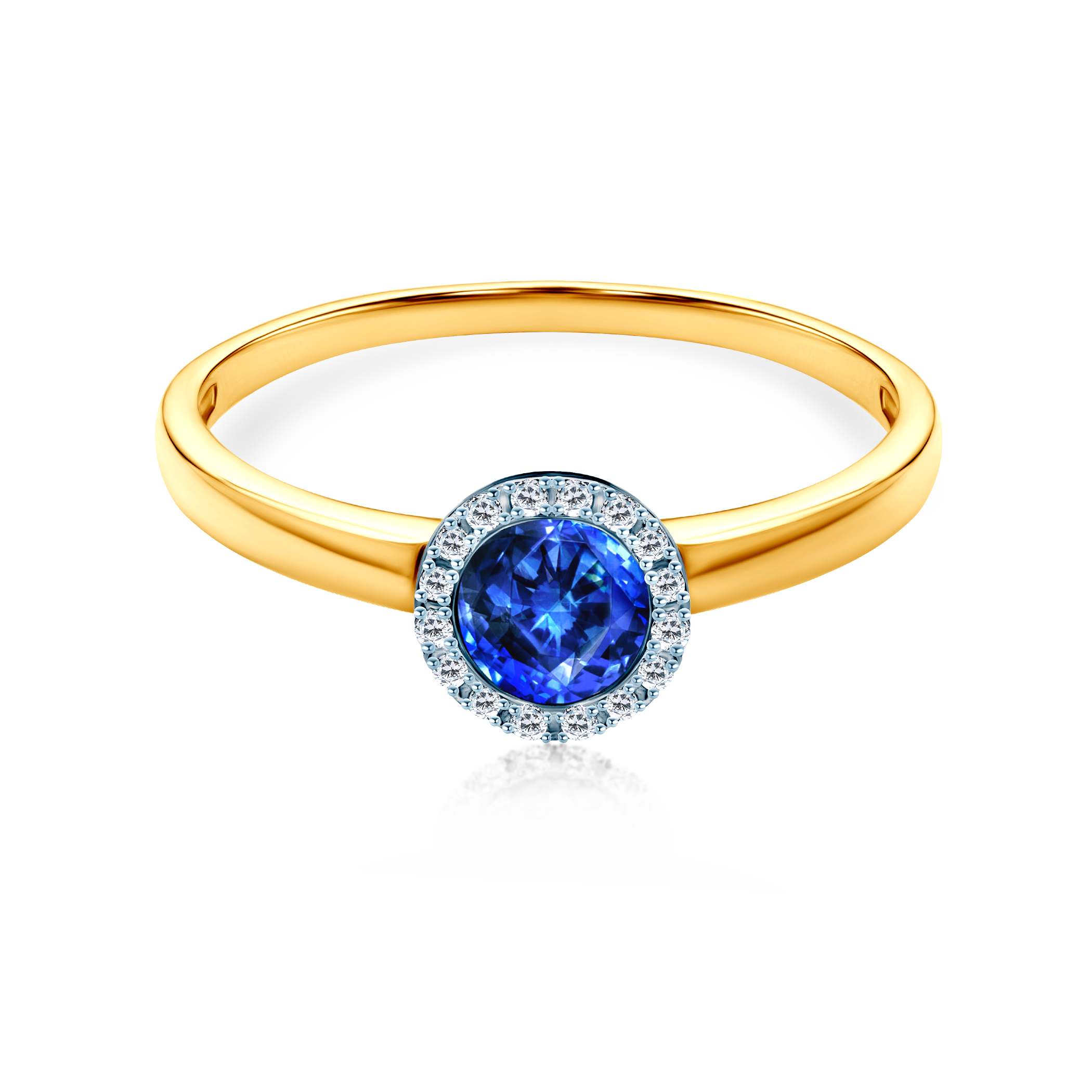 Halo Engagement Ring: two colour gold, blue sapphire, diamonds