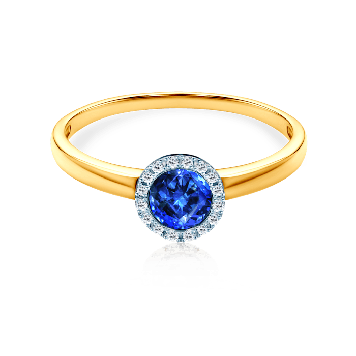 Halo Engagement Ring: two colour gold, blue sapphire, diamonds
