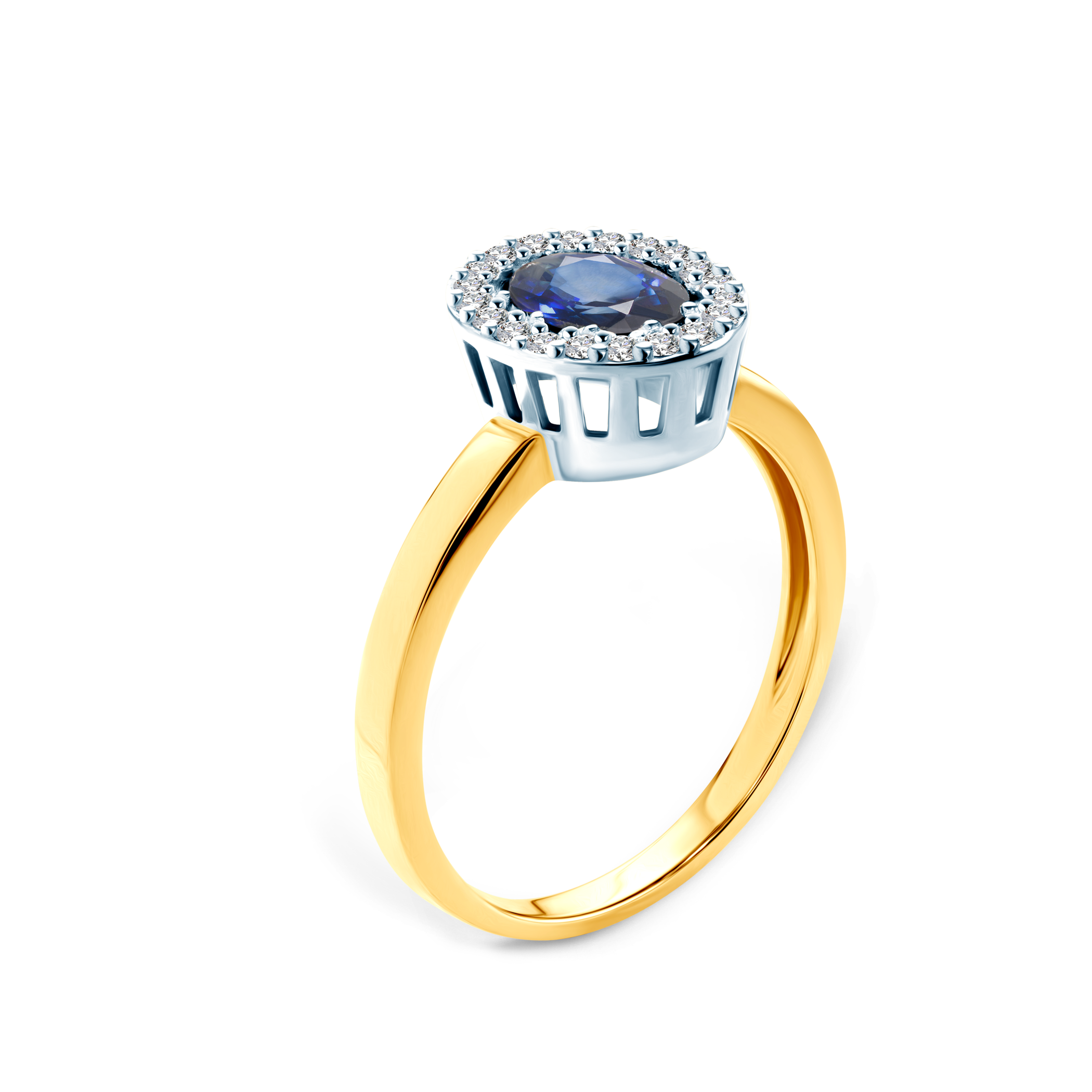 Pierścionek zaręczynowy SAVICKI: dwukolorowe złoto, niebieski szafir, diamenty