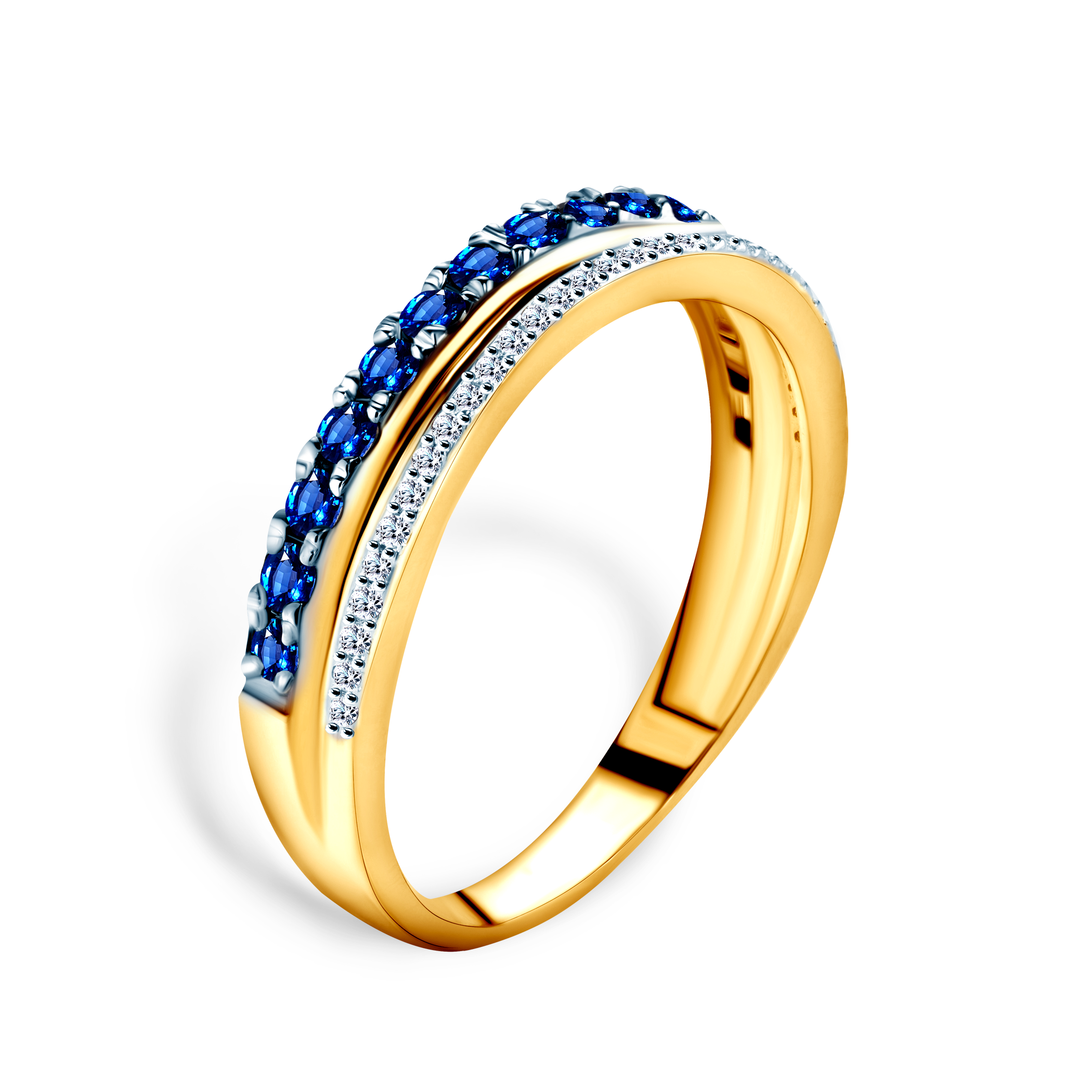 Pierścionek SAVICKI: dwukolorowe złoto, niebieskie szafiry, diamenty