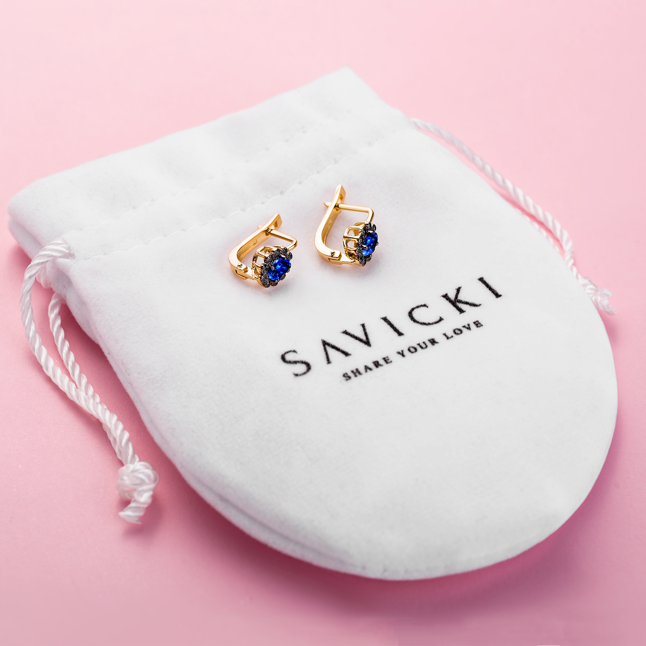 Kolczyki Savicki: dwukolorowe złoto, niebieskie szafiry, czarne diamenty - 4