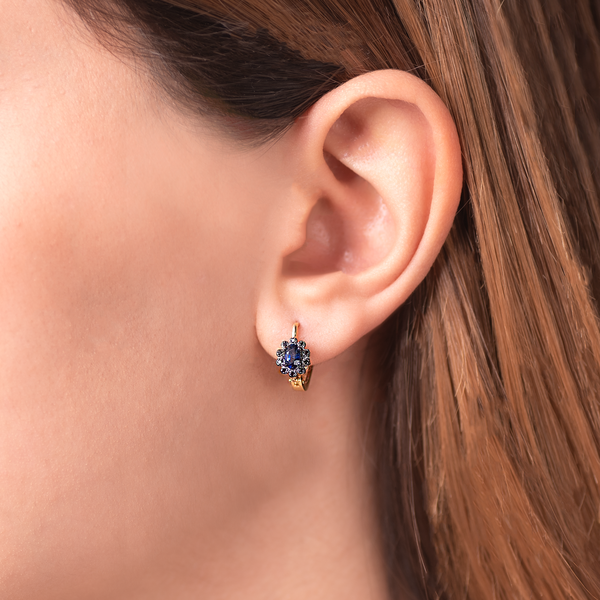 Kolczyki Savicki: dwukolorowe złoto, niebieskie szafiry, czarne diamenty - 5