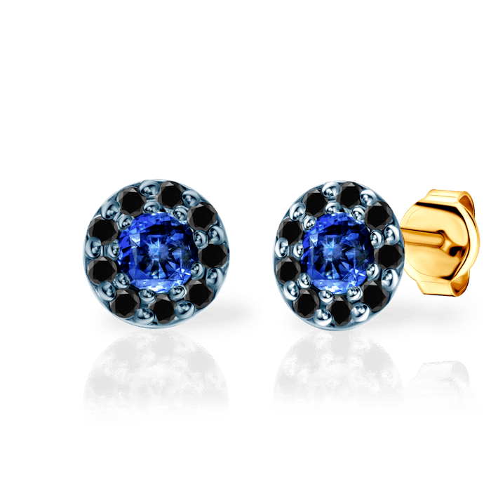 Kolczyki Savicki: dwukolorowe złoto, niebieskie szafiry, czarne diamenty