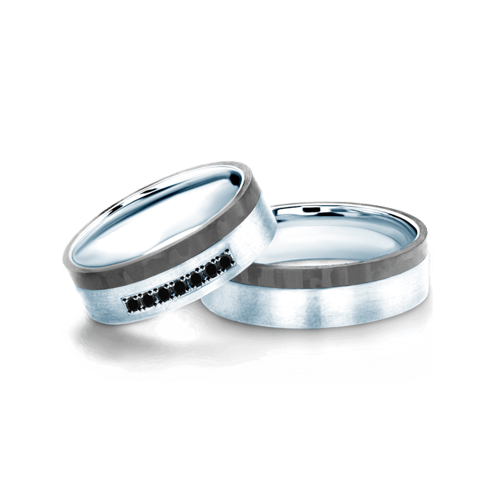 Snubní prsteny: karbon + stříbro, ploché, 6 mm