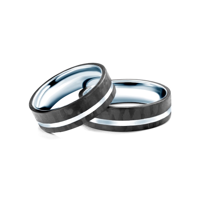 Snubní prsteny: karbon + stříbro, ploché, 6 mm
