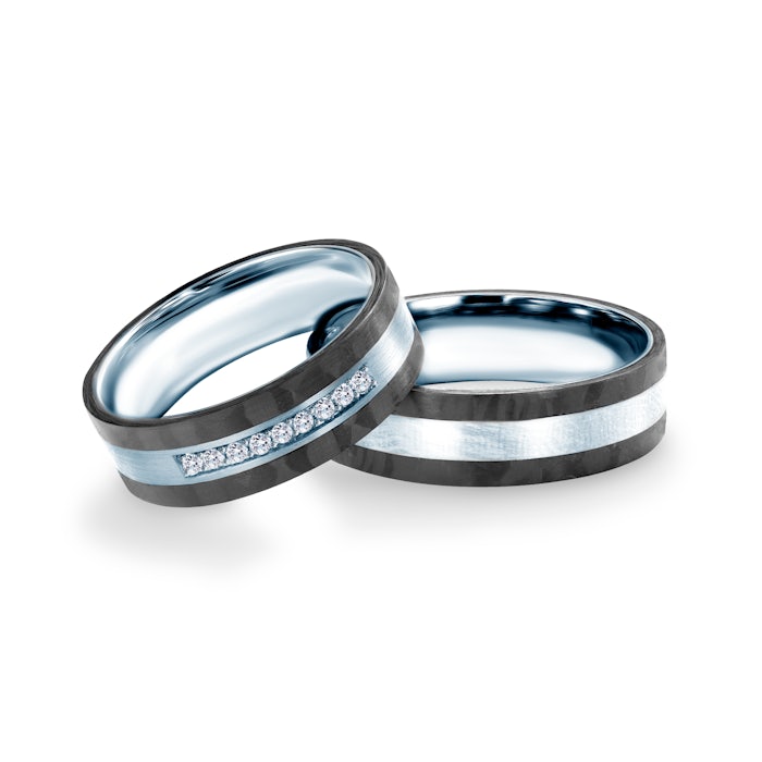 Snubní prsteny: karbon + stříbro, ploché, 6 mm