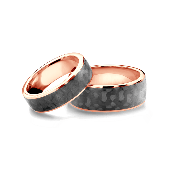 Snubní prsteny: karbon + růžové zlato, půlkulaté, 6 mm + 8 mm