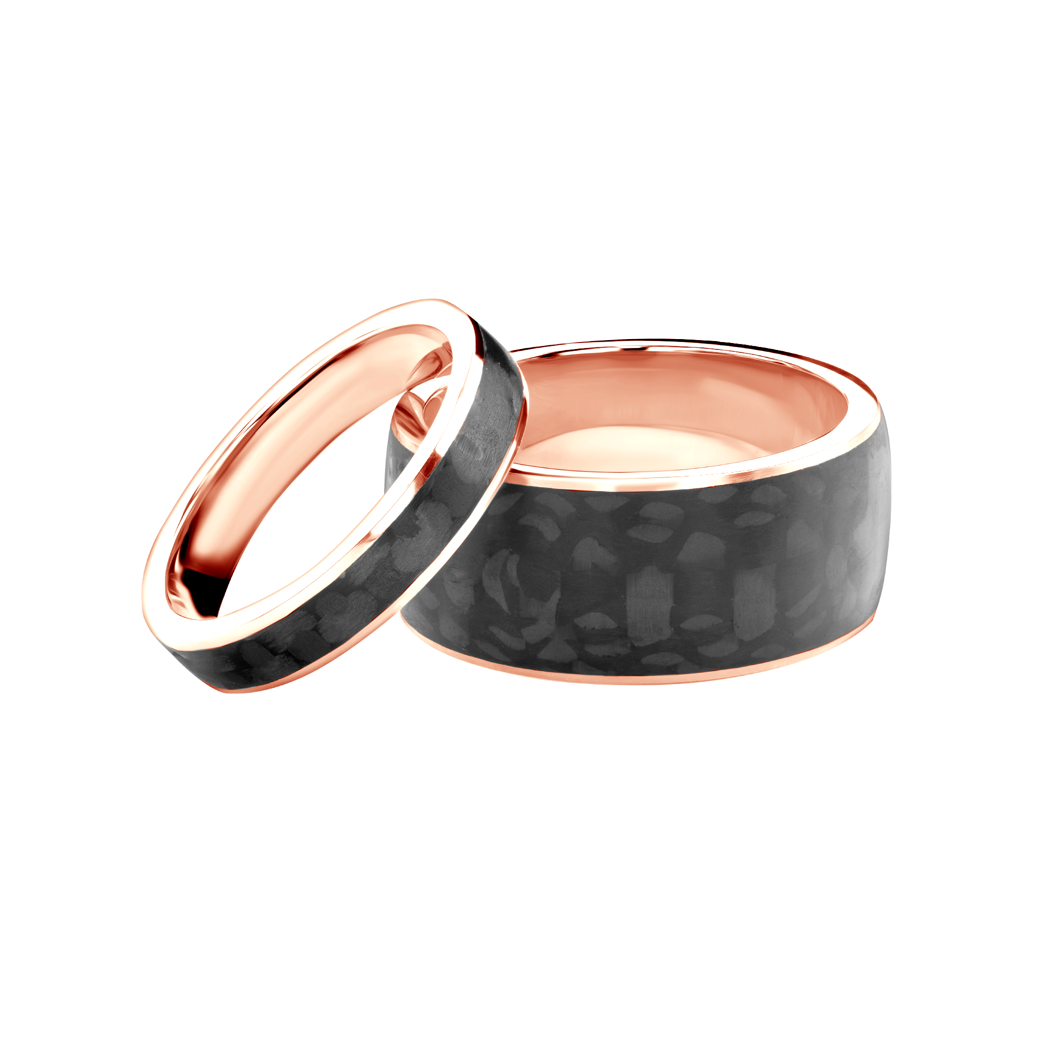 Obrączki ślubne: carbon, różowe złoto, półokrągłe, 4 mm i 10 mm