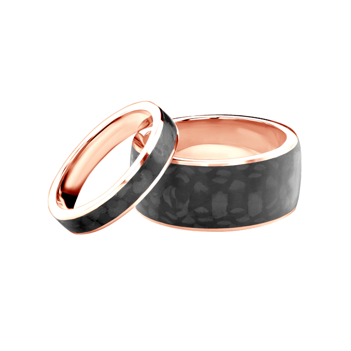 Snubní prsteny: karbon + růžové zlato, půlkulaté, 4 mm + 10 mm