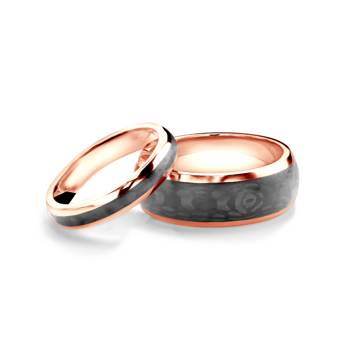 Snubní prsteny: karbon + růžové zlato, půlkulaté, 4 mm + 8 mm