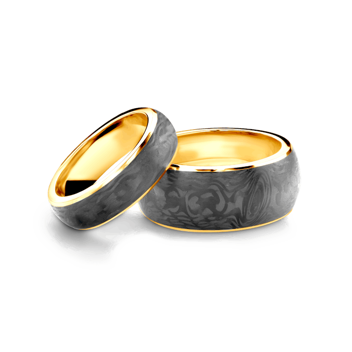Wedding rings: carbon, gold, flat court, 6 mm and 10 mm