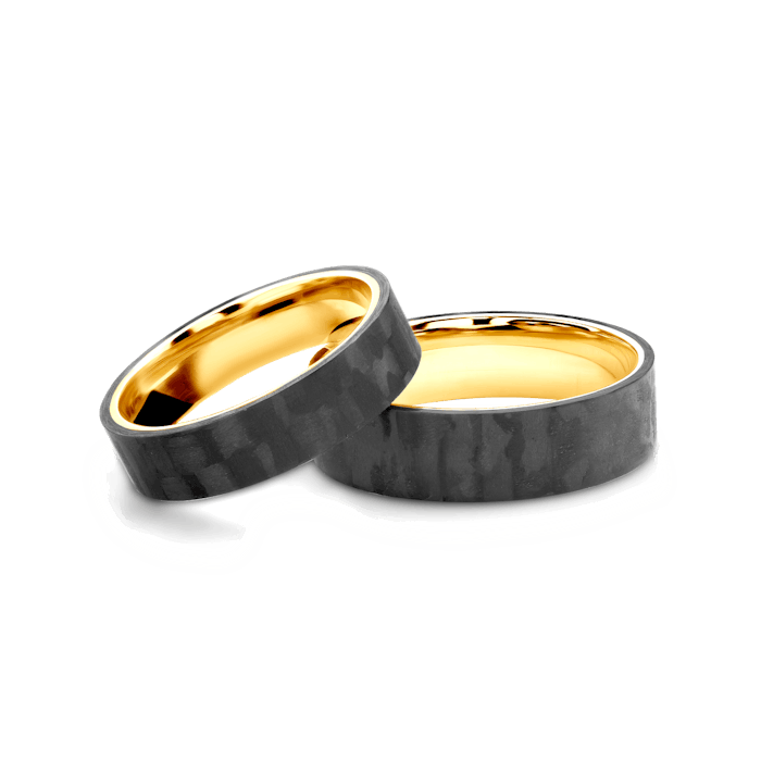 Svadobné obrúčky: karbón + žlté zlato, ploché, 6 mm