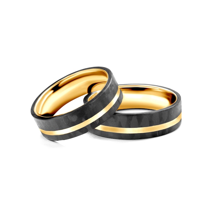 Svadobné obrúčky: karbón + žlté zlato, ploché, 6 mm