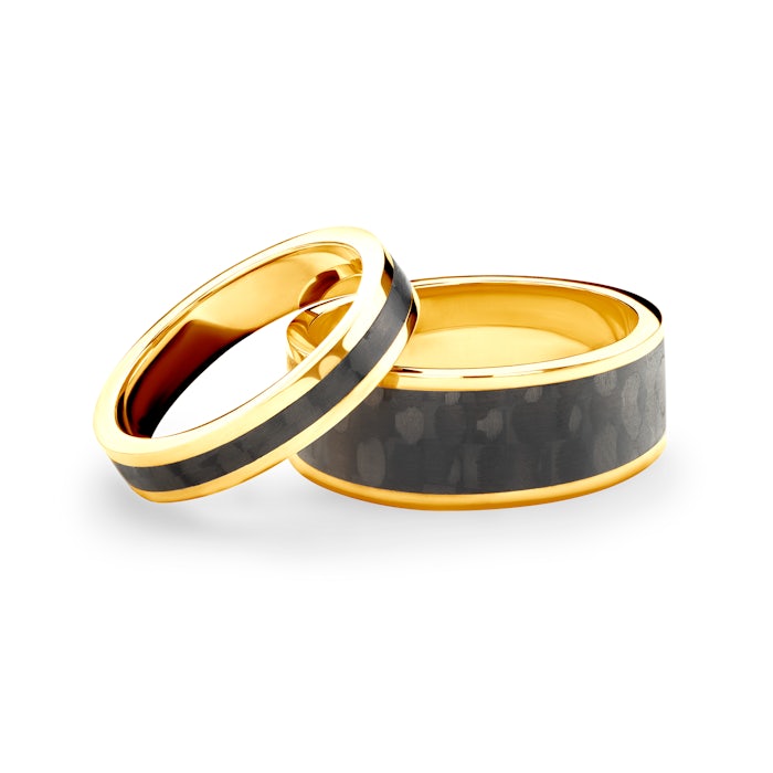 Wedding rings: carbon, gold, flat, 6 mm and 10 mm