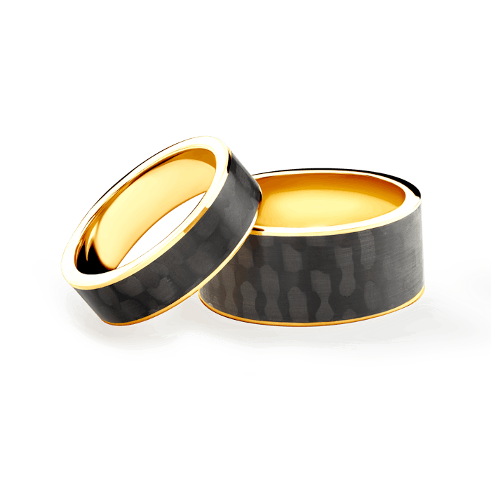 Wedding rings: carbon, gold, flat, 6 mm and 10 mm