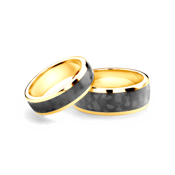 Svadobné obrúčky: karbón + žlté zlato, polguľaté, 6 mm + 8 mm