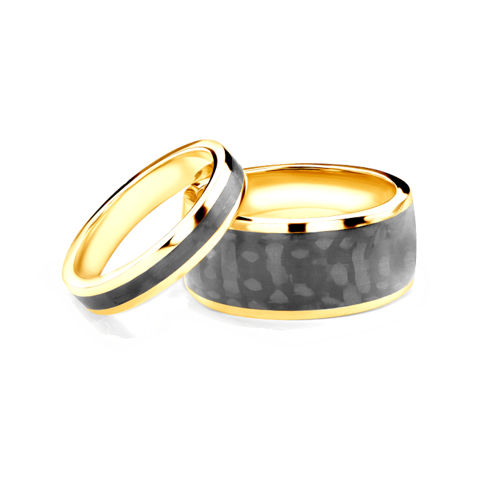 Svadobné obrúčky: karbón + žlté zlato, polguľaté, 4 mm + 10 mm