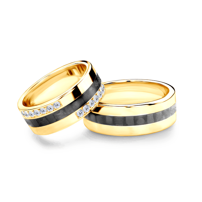 Svadobné obrúčky: karbón + žlté zlato, ploché, 7,5 mm