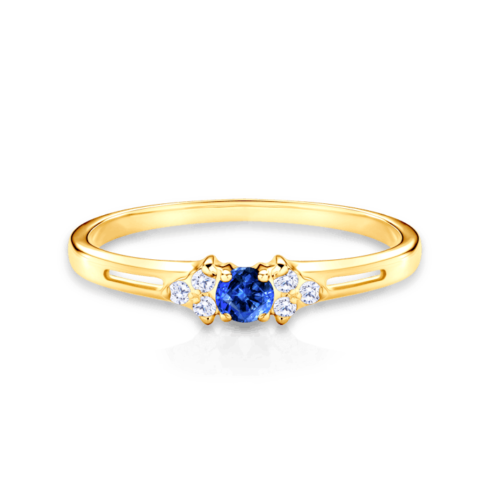 Zásnubní prsten SAVICKI: žluté zlato, modrý safír, diamanty