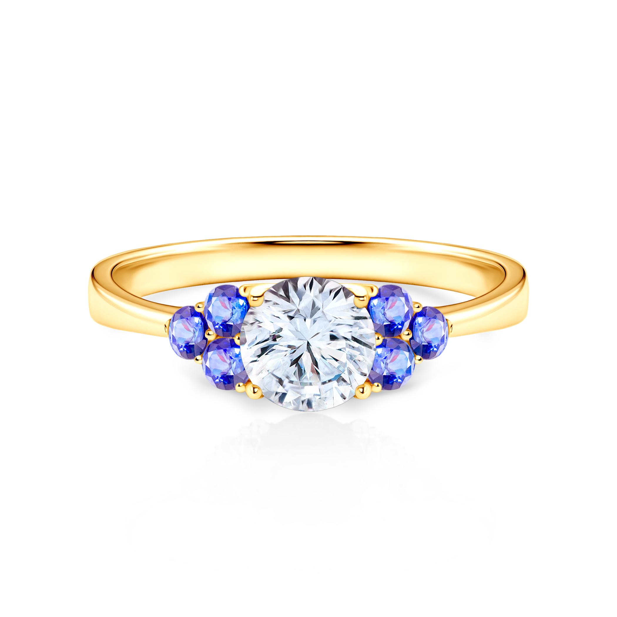 Zásnubní prsten Fairytale: žluté zlato, bílý safír, tanzanity