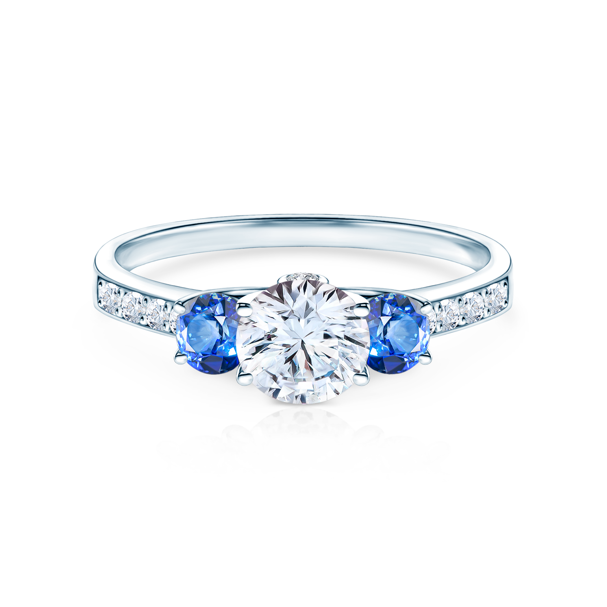 Zásnubní prsten Dream: bílé zlato, bílý safír, modré safíry, diamanty