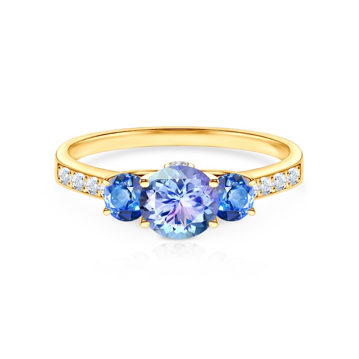 Dream Collection | Three-Stone Engagement Ring: gold, tanzanite