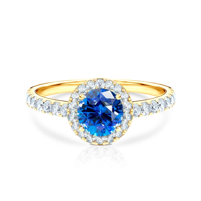 This is Love Collection | Halo Engagement Ring: gold, blue sapphire