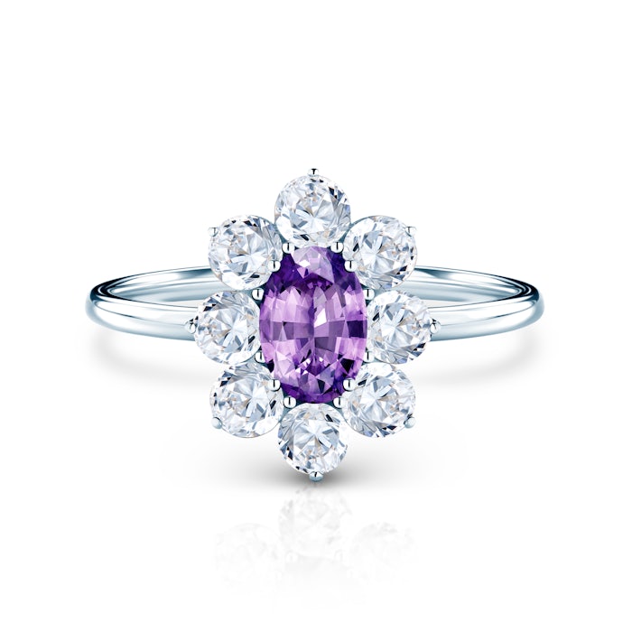 Zásnubní prsten SAVICKI: bílé zlato, fialový safír, bílé safíry