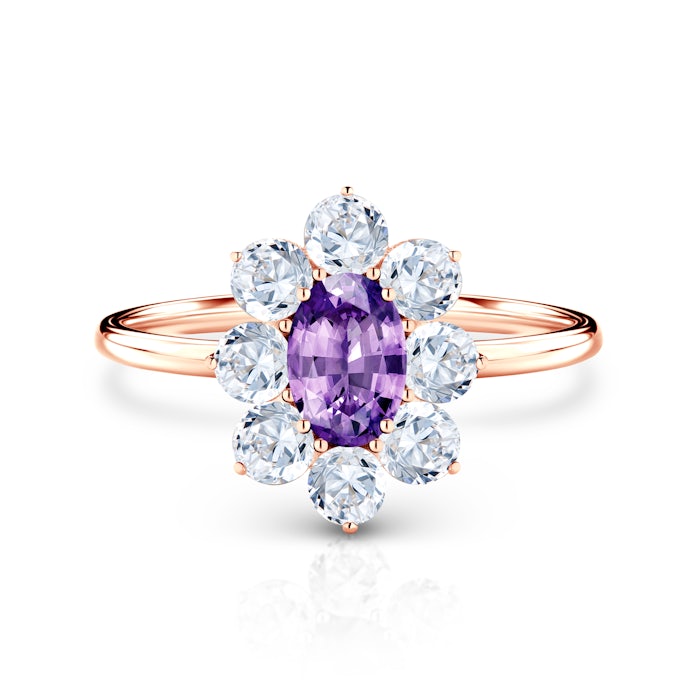 Zásnubní prsten SAVICKI: růžové zlato, fialový safír, bílé safíry