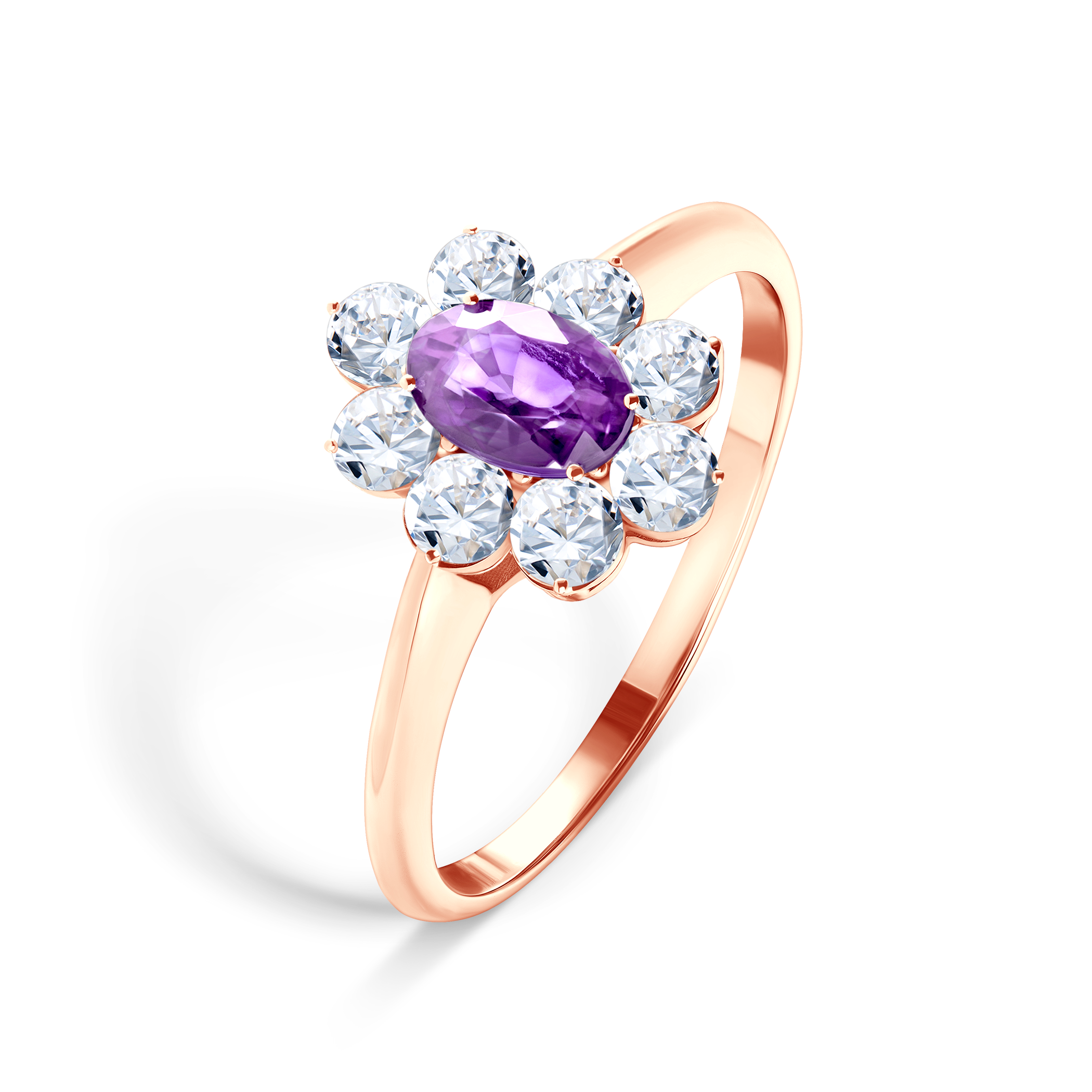 Pierścionek zaręczynowy SAVICKI: różowe złoto, fioletowy szafir, białe szafiry