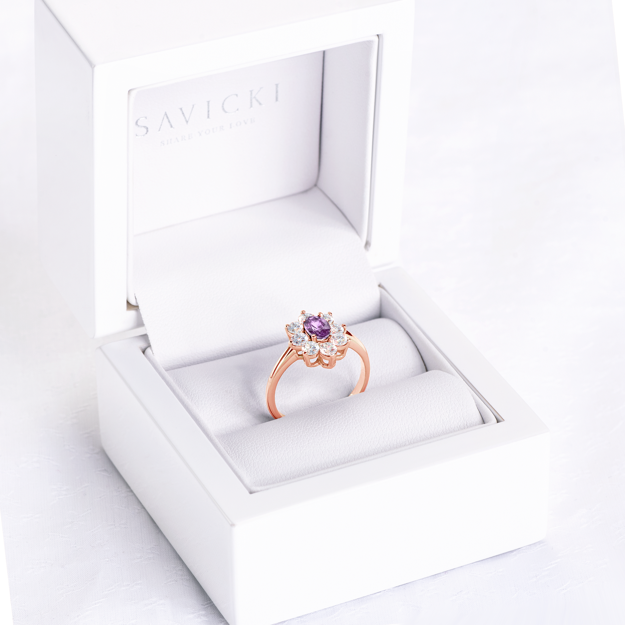 Verlobungsring Savicki: Roségold, Violetter Saphir, Weiße Saphire