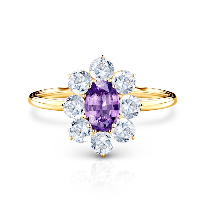 Pierścionek zaręczynowy SAVICKI: złoty, fioletowy szafir, białe szafiry
