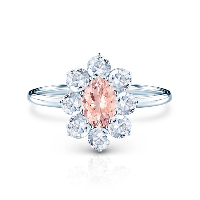 Pierścionek zaręczynowy SAVICKI: białe złoto, morganit, białe szafiry